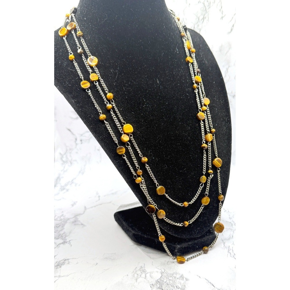 66" Cats Eye Stone Necklace Silver Tone‎ Long Layered Statement